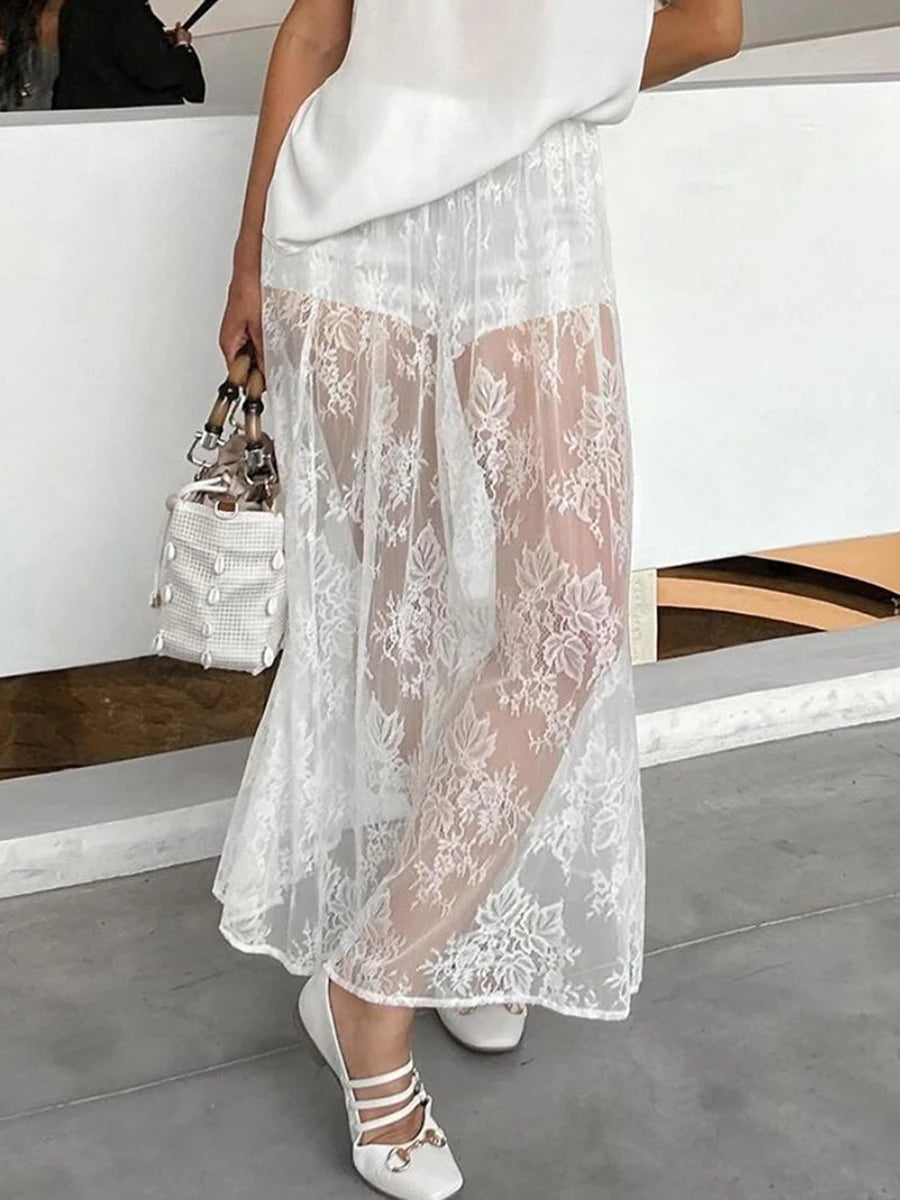 Aiertu - Lace Jacquard Transparent Long Skirt Women Elastic Waist White Hollow Out Sheer Midi Skirts Streetwear Sexy Elegant Faldas New Aiertu