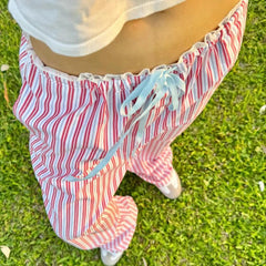 Aiertu - Sweet Stripe Lace Patchwork Women Pants Low Waist Drawstring Harajuku Korean Trousers Straight Leg Bottoms Basic New Aiertu