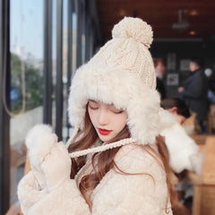 Aiertu - Winter Furry Knitted Hat for Women Girls Rabbit Fur Pompom Woolen Beanies Plush Thick Ear Protection Cap Windproof Skiing Bonnet Aiertu