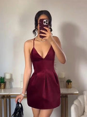 Aiertu - Retro Red Velvet Sling Dress For Women Elegant Sleeveless V Neck Backless Mini Dress Lady A Line Merry Christmas Party Vestidos Aiertu
