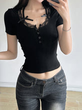 Aiertu - summer inspo Halter Neck Lace Trim Bow Cute Black Y2K T-Shirt Women Button Up Slim Short Sleeve White Tees Sweet Balletcore Clothing Aiertu