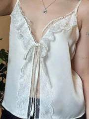 Aiertu -Lace Trim Tie V-Neck Tank Top aiertu