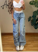 Aesthetic Vintage Cargo Women's Pants Y2k High Waist Straight Baggy Jeans Casual Chic Fake Zippers Pocket Female Trousers Aiertu