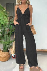 Aiertu - Sexy Casual Solid Color Patchwork Backless Spaghetti Strap Fitted Jumpsuits(5 Colors) Aiertu