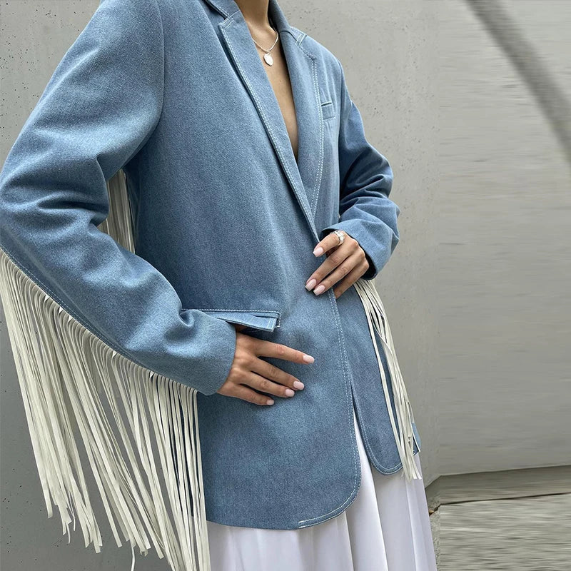 Aiertu - Casual Solid Tassels Blazer Coats Women Lapel Long Sleeve Single Button Pockets Jackets 2026 Autumn New Lady Loose Top Outwears Aiertu