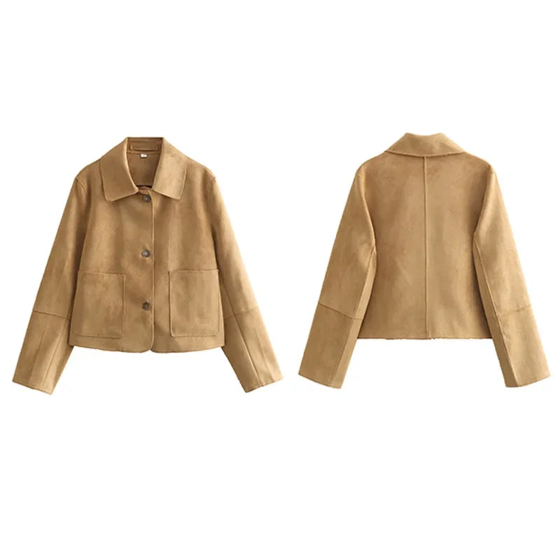 Aiertu - Vintage Faux Suede Lapel Jackets Women Loose Single Breasted Pockets Long Sleeve Coats 2026 Autumn New Lady Chic Tops Outwear Aiertu