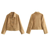 Aiertu - Vintage Faux Suede Lapel Jackets Women Loose Single Breasted Pockets Long Sleeve Coats 2026 Autumn New Lady Chic Tops Outwear Aiertu