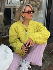 Aiertu - casual winter outfits Casual Solid Printed Padded Women Jacket O-neck Full Sleeves Lady Coat 2024 Fashion Autumn Covered Button Female Loose Outwear Aiertu