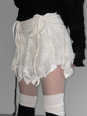 Aiertu -Lace Ruched Asymmetrical Bow Mini Skirt aiertu