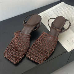 Aiertu - Street Style Breathable Holes Mesh Square Toe Woman Pumps Fashion Buckle Strap High Heels Mules Summer Shoes Aiertu