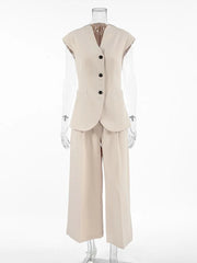 Aiertu - Commute Blazer Suit Women V-neck Sleeveless Single Breasted Tank High Waist Wide Leg Pant Female Set 2025 Early Spring Lady Sets Aiertu