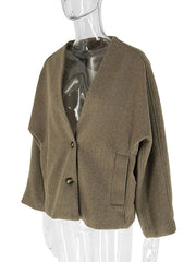 Aiertu - V-neck Single Breasted Women Coat Gray Long Sleeve Pocket Short Jacket Female Winter Loose Casual Streetwear Aiertu