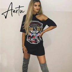 Aiertu 1pcs black Ladies Women Punk Rock Short Sleeve Eagle Print T-Shirt Cut Shoulder Baggy Aiertu