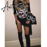 Aiertu 1pcs black Ladies Women Punk Rock Short Sleeve Eagle Print T-Shirt Cut Shoulder Baggy Aiertu