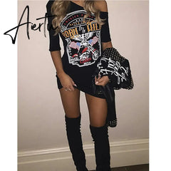 Aiertu 1pcs black Ladies Women Punk Rock Short Sleeve Eagle Print T-Shirt Cut Shoulder Baggy Aiertu