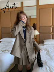 Aiertu 2 Piece Sets Women Outfits Autumn Winter Elegant Sweet Woolen Blazer High Waist Pleated Skirt Suit Korean Vintage Temperament Aiertu