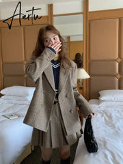 Aiertu 2 Piece Sets Women Outfits Autumn Winter Elegant Sweet Woolen Blazer High Waist Pleated Skirt Suit Korean Vintage Temperament Aiertu
