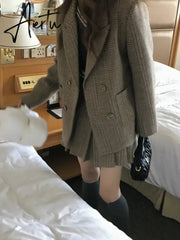 Aiertu 2 Piece Sets Women Outfits Autumn Winter Elegant Sweet Woolen Blazer High Waist Pleated Skirt Suit Korean Vintage Temperament Aiertu