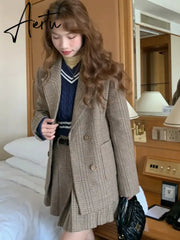 Aiertu 2 Piece Sets Women Outfits Autumn Winter Elegant Sweet Woolen Blazer High Waist Pleated Skirt Suit Korean Vintage Temperament Aiertu