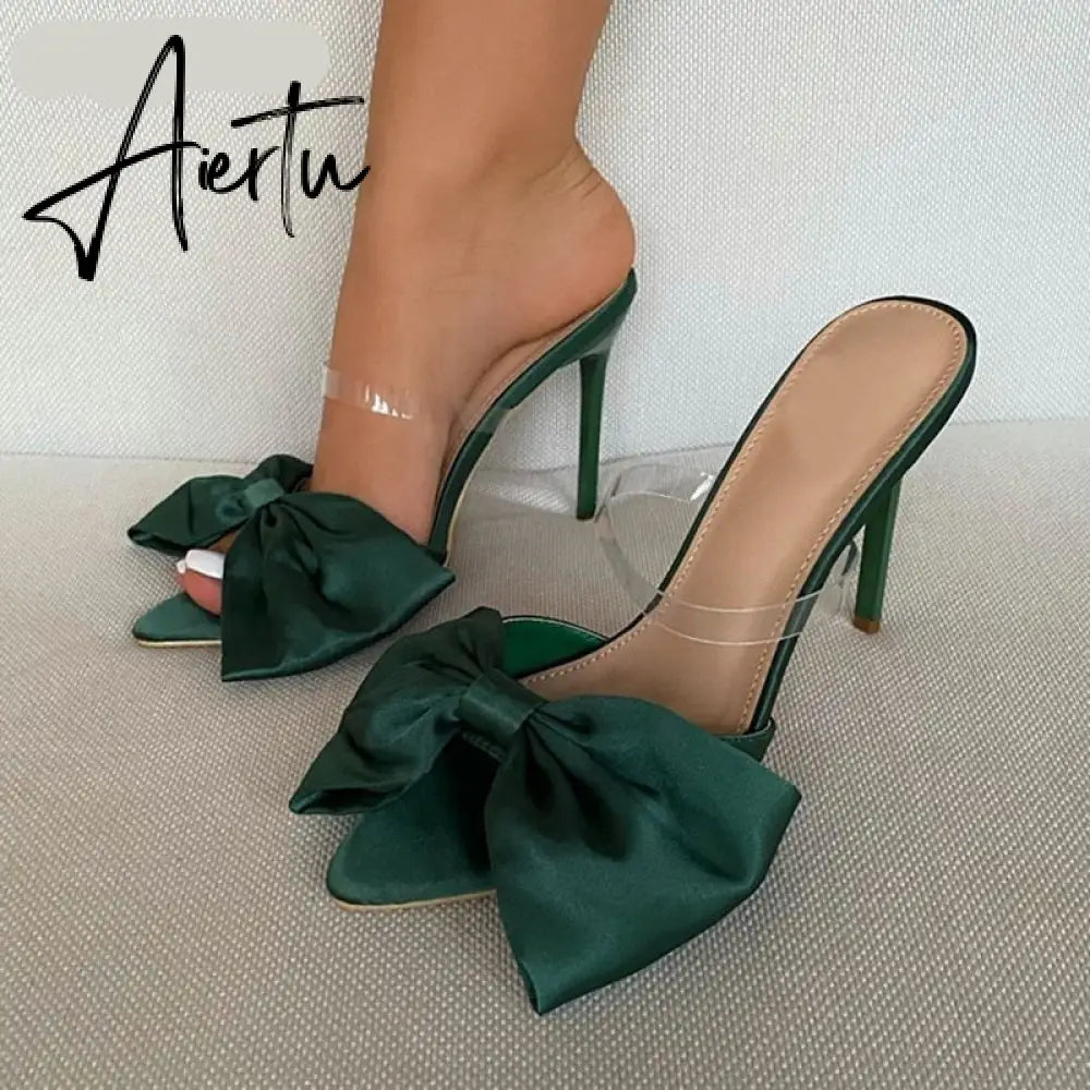 Aiertu 2022 Silk Butterfly-knot Women slippers Mule high heels Slippers Sandals flip flops Pointed toe Strappy Slides Party shoes Aiertu