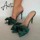 Aiertu Silk Butterfly-knot Women slippers Mule high heels Slippers Sandals flip flops Pointed toe Strappy Slides Party shoes Aiertu