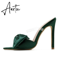 Aiertu Silk Butterfly-knot Women slippers Mule high heels Slippers Sandals flip flops Pointed toe Strappy Slides Party shoes Aiertu