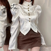 Aiertu 2024 Early Spring Fungus Edge Korean Shirts Autumn Bubble Sleeve Sweet Shirts For Woman Slim Bottoming Shirt Chic Crop Tops Lady Aiertu