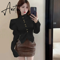 Aiertu 2024 Early Spring Fungus Edge Korean Shirts Autumn Bubble Sleeve Sweet Shirts For Woman Slim Bottoming Shirt Chic Crop Tops Lady Aiertu
