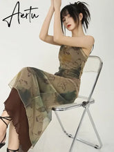 Aiertu 2024 Grunge Print Mesh Dress Women Sexy Y2k Aesthetic Spaghetti Strap Maxi Dresses Streetwear 2 Piece Set Robe Aiertu