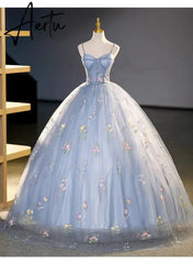 Aiertu 2024 Lace Prom Dresses Spaghetti Strap Princess Blue Detechable Short Puff Sleeves be de bal Formal Evening Party Gown For Women Aiertu