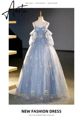 Aiertu 2024 Lace Prom Dresses Spaghetti Strap Princess Blue Detechable Short Puff Sleeves be de bal Formal Evening Party Gown For Women Aiertu
