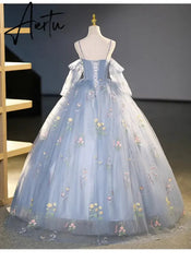 Aiertu 2024 Lace Prom Dresses Spaghetti Strap Princess Blue Detechable Short Puff Sleeves be de bal Formal Evening Party Gown For Women Aiertu