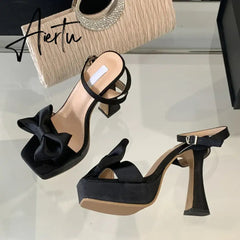Aiertu 2024 New Brand Super High Heels Sexy Sandals Fashion Pink Silk Bowknot Square Open Toe Chunky Platform Shoes Women Pumps Aiertu