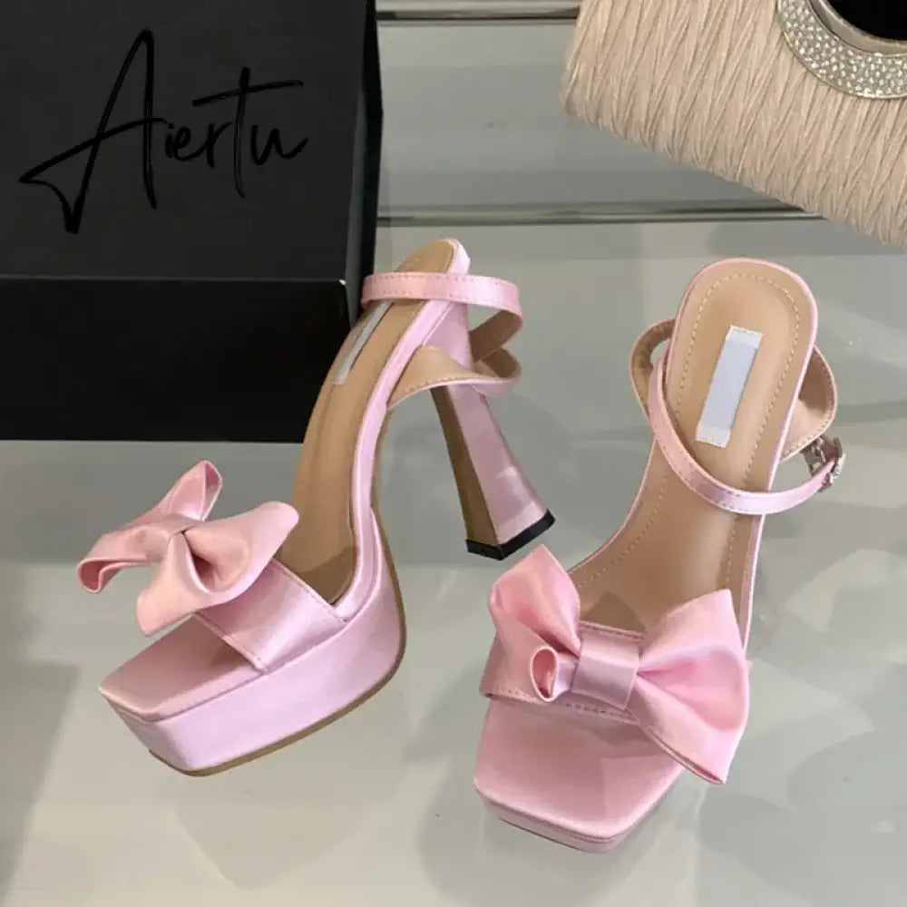 Aiertu 2024 New Brand Super High Heels Sexy Sandals Fashion Pink Silk Bowknot Square Open Toe Chunky Platform Shoes Women Pumps Aiertu