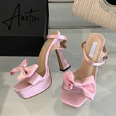 Aiertu 2024 New Brand Super High Heels Sexy Sandals Fashion Pink Silk Bowknot Square Open Toe Chunky Platform Shoes Women Pumps Aiertu