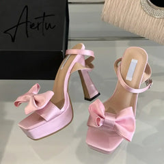 Aiertu 2024 New Brand Super High Heels Sexy Sandals Fashion Pink Silk Bowknot Square Open Toe Chunky Platform Shoes Women Pumps Aiertu
