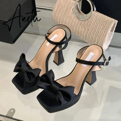 Aiertu 2024 New Brand Super High Heels Sexy Sandals Fashion Pink Silk Bowknot Square Open Toe Chunky Platform Shoes Women Pumps Aiertu