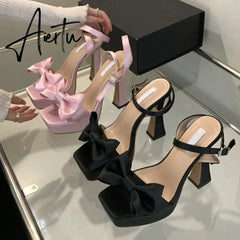 Aiertu 2024 New Brand Super High Heels Sexy Sandals Fashion Pink Silk Bowknot Square Open Toe Chunky Platform Shoes Women Pumps Aiertu
