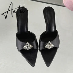 Aiertu 2024 New CRYSTAL Sandals Pointed High Heel Slippers Elegant and Comfortable Summer Slim Heel Slippers Party Mules Shoes Aiertu