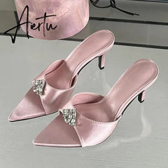 Aiertu 2024 New CRYSTAL Sandals Pointed High Heel Slippers Elegant and Comfortable Summer Slim Heel Slippers Party Mules Shoes Aiertu