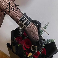 Aiertu 2024 new fashion skinny punk buckle pointy high heels with hollow leather belt fashion sexy sandals Metallic black high heels Aiertu