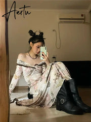 Aiertu 2024 New Women French Style Vintage One Line Neck Lace Edge Dress Korean Fashion Flare Sleeve Print Irregular Hem Dresses Chic Aiertu