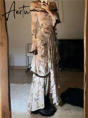 Aiertu 2024 New Women French Style Vintage One Line Neck Lace Edge Dress Korean Fashion Flare Sleeve Print Irregular Hem Dresses Chic Aiertu