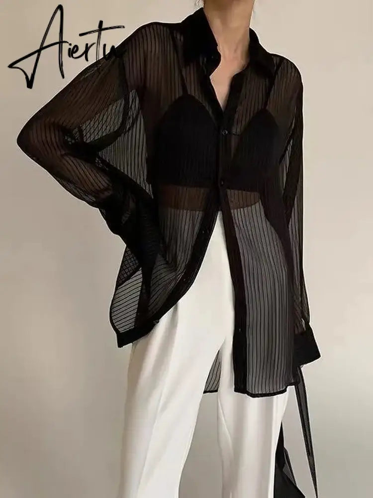 Aiertu 2024 New Women Striped Blouse Shirts Fashion Black See Through Button Turn-down Collar Top Harajuku Oversized Sexy Shirt Aiertu