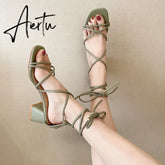 Aiertu 2024 Summer Beige Heeled Sandals Female Shoe Cross-Shoes Square Toe All-Match Black Girls New High Clear Lace Up Comfort Block Aiertu