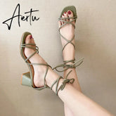 Aiertu 2024 Summer Beige Heeled Sandals Female Shoe Cross-Shoes Square Toe All-Match Black Girls New High Clear Lace Up Comfort Block Aiertu