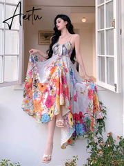 Aiertu 2024 Summer French Elegant Design Midi Dress Women Casual Floral One Piece Dress Korean Fashion Beach Y2k Strap Dress Chic New Aiertu