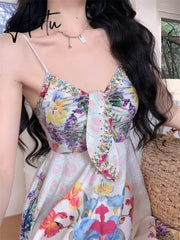 Aiertu 2024 Summer French Elegant Design Midi Dress Women Casual Floral One Piece Dress Korean Fashion Beach Y2k Strap Dress Chic New Aiertu
