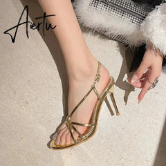 Aiertu 2024 Summer Luxury Women Sandals Fashion Cross Buckle High Heels Gold Silver Sandals Banquet Party Wedding Shoes Aiertu