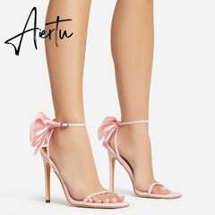 Aiertu 2024 Summer PU Butterfly-Knot Sandals Square Toe Thin Heels Party Shallow Concise Sweet Buckle Strap Adult Open Pleated Aiertu